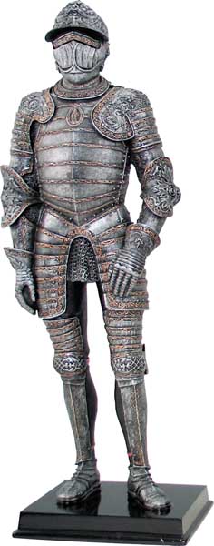 Display the style and artistry of medieval armour in your home or office with this exquisitely detailed 12-1/2 inches tall knight figure clad in Milanese Armor. The knight is expertly cast in resin with an antique pewter finish and hand detailed with striking gold accents.