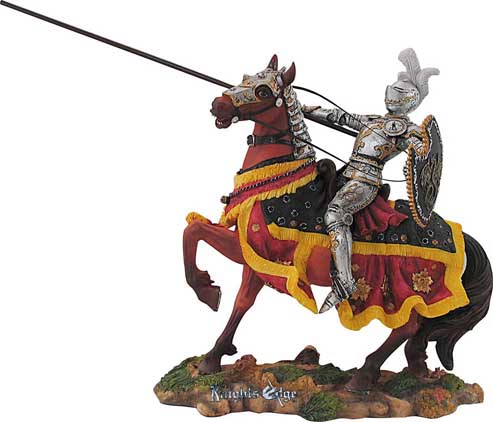 This triumphant knight figurine clad in full armour holds his lance high in victory as he sits upon his mighty steed fresh from battle... he is the "Champion"! You may have your own exquisitely hand detailed Champion knight expertly cast in resin. Display or present to the "Champion" in your life. 8-1/4" Tall.