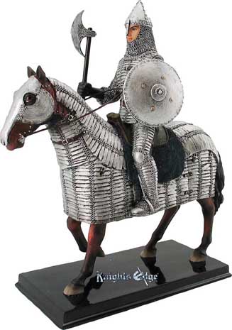 Attired for battle, our Norman knight figurine upon his mighty steed awaits the call for battle. Beautifully crafted in resin and individually hand detailed in spectacular vibrant and metallic colors. 10-1/2" Tall.