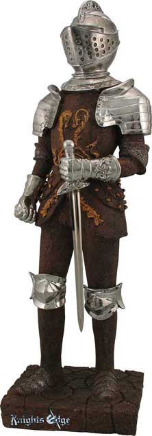 Knight figures - Here is a knight you can't miss! Resin cast and uniquely finished in rustic and chrome finishes this medieval knight stands a grand 24" tall and makes a wonderful focal point for any decor!