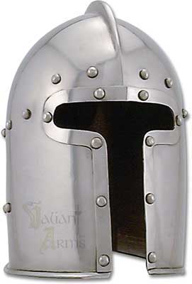 The european barbute helmet, circa 1460 is a prime example of the true genius of early Italian helm smiths! The Barbute style helm provided visibility so crucially needed in battle while providing protection of the neck.