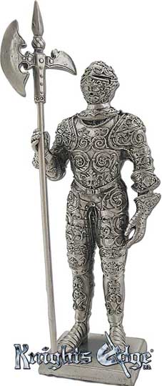 The french knight figures with halberd are crafted from lead free pewter. This knight figurine adds the perfect decorating touch to your castle decor! Each exquisitely detailed knight stands with weapon. The French  knight with halberd pewter figurine stands from 4-3/4" tall.