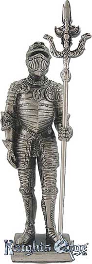 The miniature medieval Italian knight statue with halberd is crafted from pewter. This knight adds the perfect decorating touch to your castle decor! Each exquisitely detailed knight stands with weapon. The Italian  knight with halberd pewter figurine stands from 4-3/4" tall.