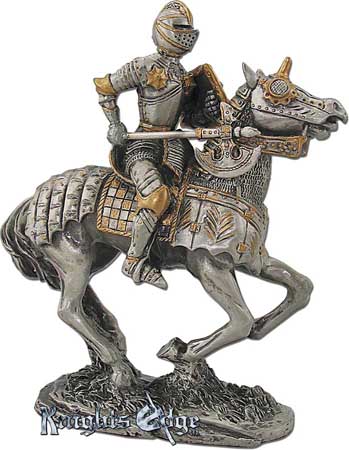 The medieval knight on horseback figurine is crafted from pewter. This knight statue adds the perfect decorating touch to your castle decor! Each exquisitely detailed knight stands with weapon. The knight on horseback pewter figurine stands 4" tall