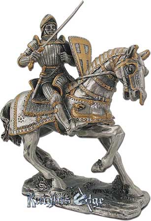 This medieval pewter knight figure adds the perfect decorating touch to your castle decor! Each exquisitely detailed knight stands with weapon. The knight on horseback pewter figurine stands 4" tall.