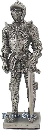 The Medieval knight with sword figure is crafted from lead free pewter. This knight adds the perfect decorating touch to your castle decor! Each exquisitely detailed knight stands with weapon. The Medieval  knight with sword pewter figurine stands from 4-1/4" tall.