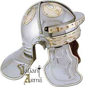 Our hand-crafted 18 gauge steel wearable  imperial italic Roman helmet boasts classic brass accents.