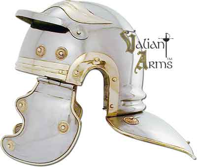 This Gallic influenced full size wearable guards roman helmet worn by the elite Roman guardsmen of the early first century is handcrafted of 18 gauge steel and boasts classic brass accenting. This is a most interesting addition to ancient armour collections.